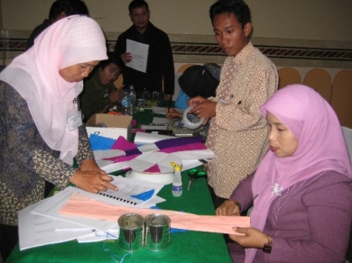 Peserta sedang asyik membuat Alat Peraga Murah untuk mata pelajaran Bahasa Indonesia